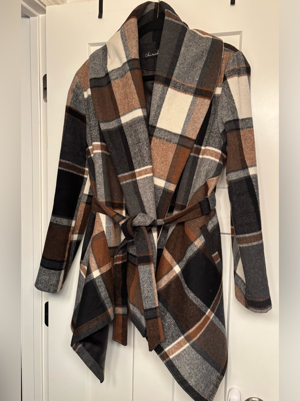 Chicwish Plaid Shawl-Collar Wrap Coat